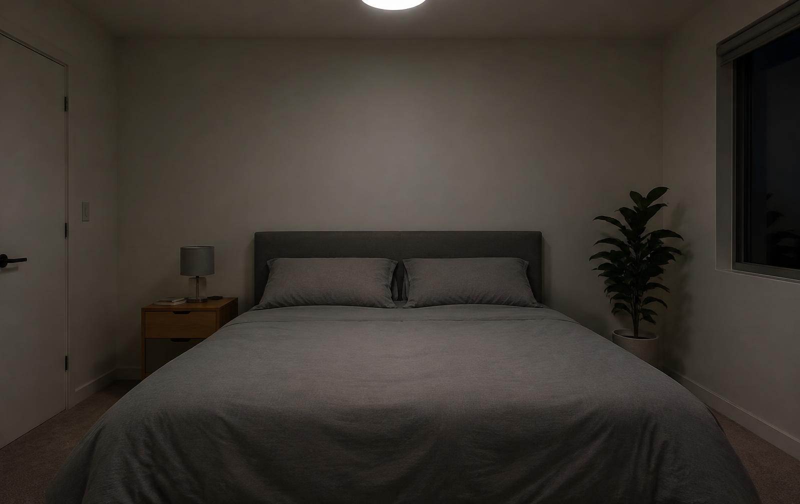 The same bedroom with basic ceiling lighting