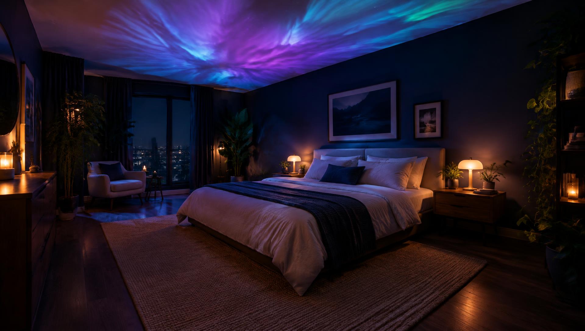 Modern bedroom illuminated by colourful aurora lighting